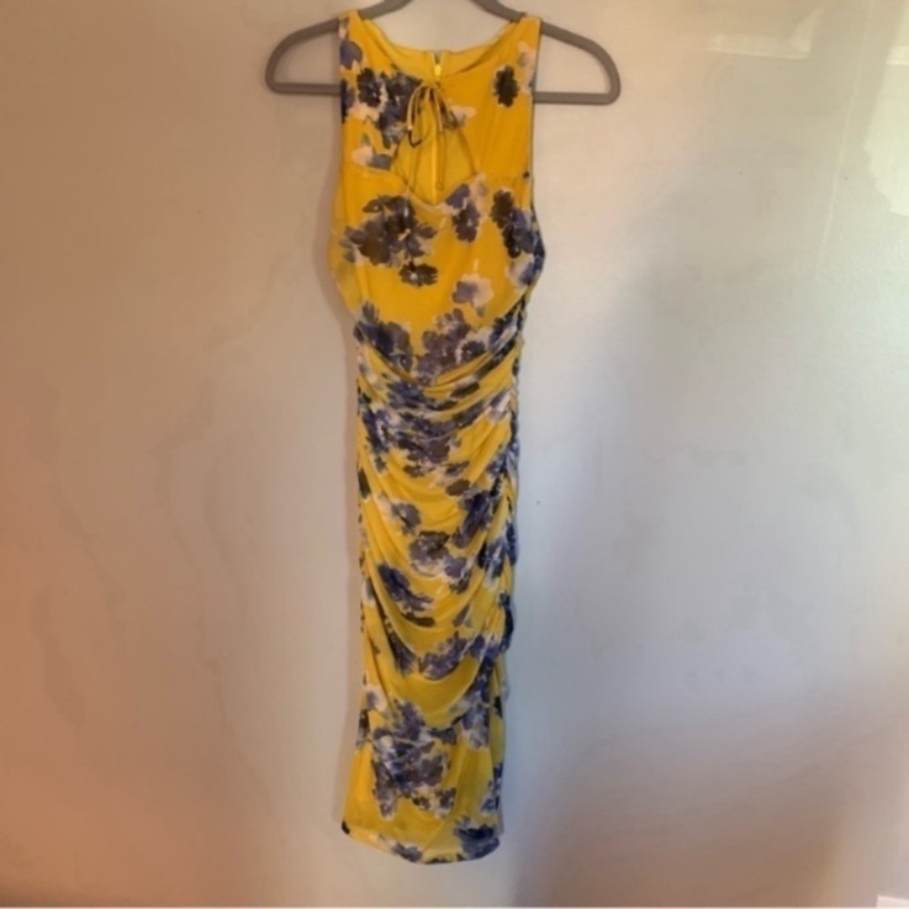 Black Halo Dress Rosalia Sheath Ruched in Gold Blue Floral - Picture 6 of 9